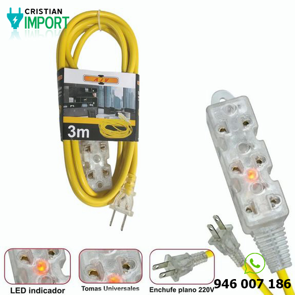 Extensión Eléctrica Cable Vulcanizado de 3 Tomas 3 Metros AWG 8